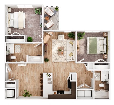 Floor plan for 2 beds, 2 baths, 950 sqft